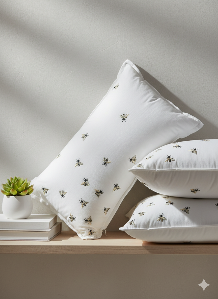Bee Embroidered Decorative Lumbar Pillow